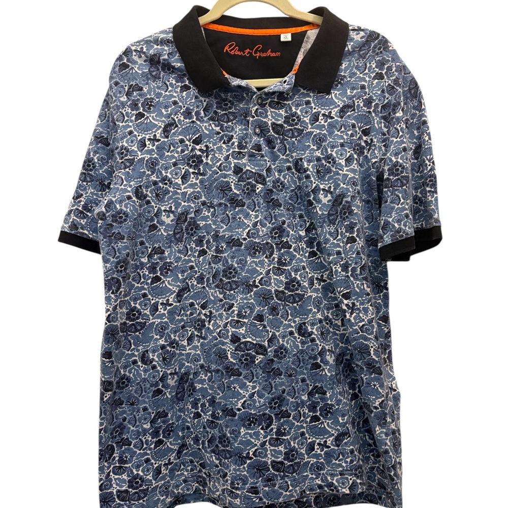 Robert Graham Black and Blue Floral Polo Shirt Size XL
